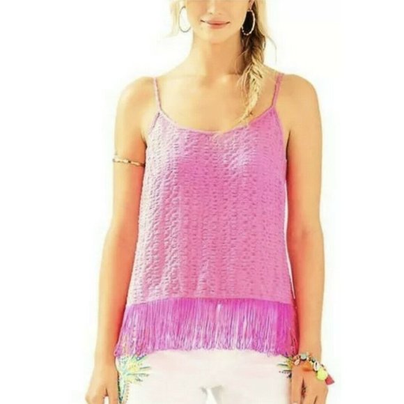 Lilly Pulitzer Naeem Pink Fringe Top XS Excellent Condition Sleeveless RARE HTF - Picture 1 of 10